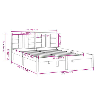 vidaXL sengestel 180x200 cm Super King massivt fyrretræ sort