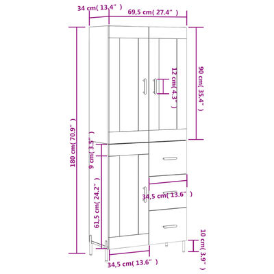 vidaXL højskab 69,5x34x180 cm konstrueret træ betongrå