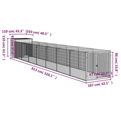 vidaXL hundehus med løbegård 110x813x110 cm galvaniseret stål antracit