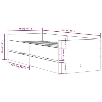 vidaXL sengeramme med skuffer 75x190 cm Small Single betongrå