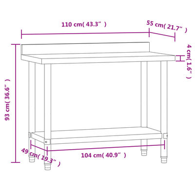 vidaXL arbejdsbord til køkken m. stænkplade 110x55x93 cm rustfrit stål