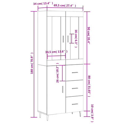 vidaXL højskab 69,5x34x180 cm konstrueret træ brun egetræsfarve