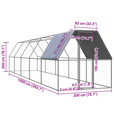 vidaXL udendørs hønsegård 2x10x2 m galvaniseret stål