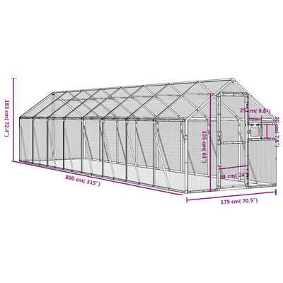 vidaXL voliere 1,79x8x1,85 m aluminium sølvfarvet