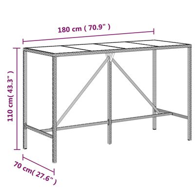 vidaXL barbord med glasplade 180x70x110 cm polyrattan brun