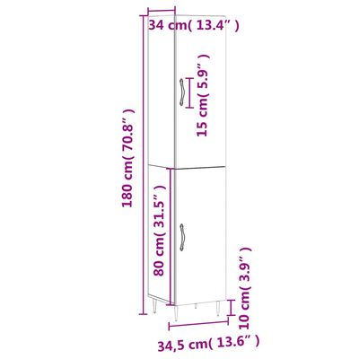 vidaXL højskab 34,5x34x180 cm konstrueret træ grå sonoma-eg