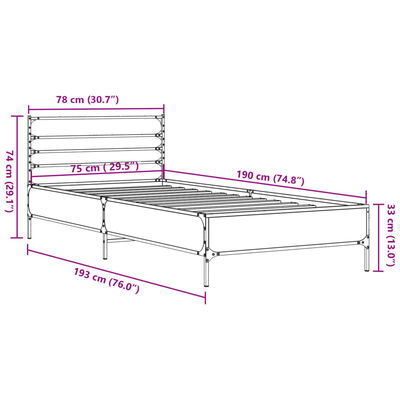 vidaXL sengeramme 75x190 cm konstrueret træ og metal brun egetræsfarve