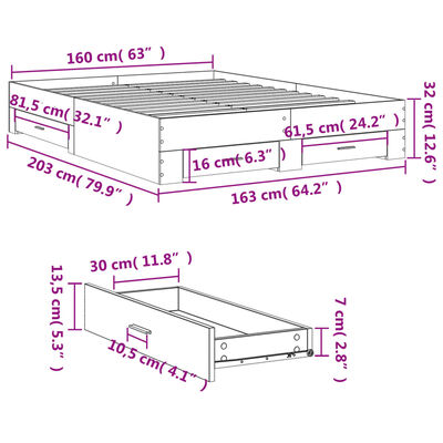 vidaXL sengeramme med skuffer 160x200 cm konstrueret træ brunt eg