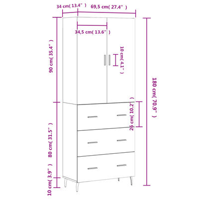 vidaXL højskab 69,5x34x180 cm konstrueret træ røget egetræsfarve