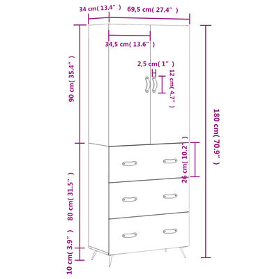 vidaXL højskab 69,5x34x180 cm konstrueret træ hvid højglans