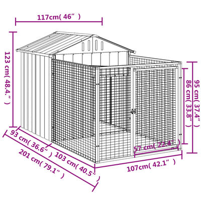 vidaXL hundehus med løbegård 117x201x123 cm galvaniseret stål lysegrå