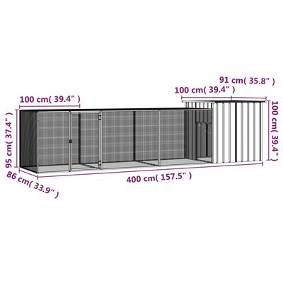 vidaXL hønsehus 400x91x100 cm galvaniseret stål grå