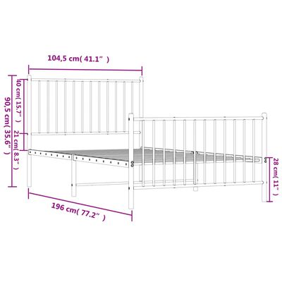 vidaXL sengeramme med sengegavl og fodgærde 100x190 cm metal hvid