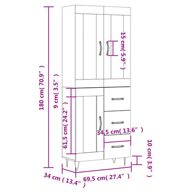 vidaXL højskab 69,5x34x180 cm konstrueret træ røget egetræsfarve