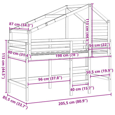 vidaXL højseng med stige og tag 80x200 cm massivt fyrretræ