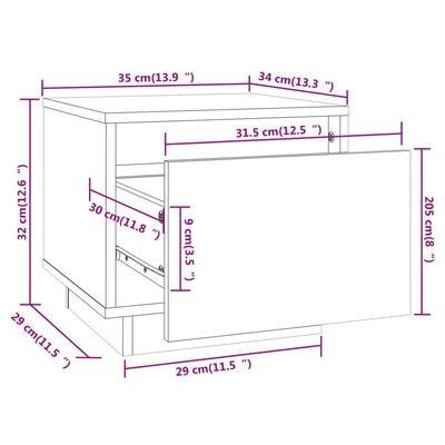 vidaXL sengebord 35x34x32 cm massivt fyrretræ hvid