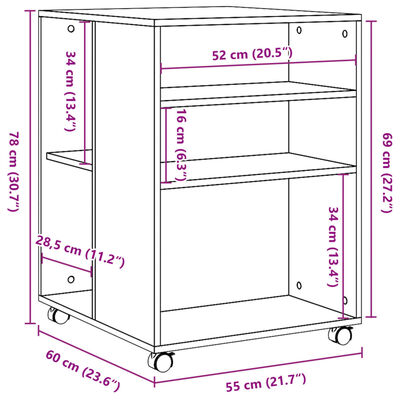 vidaXL sidebord med hjul 55x60x78 cm konstrueret træ betongrå