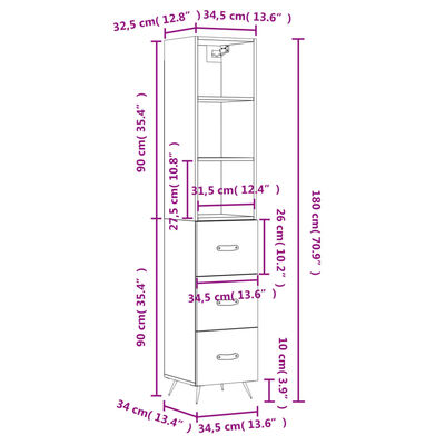 vidaXL højskab 34,5x34x180 cm konstrueret træ grå sonoma-eg