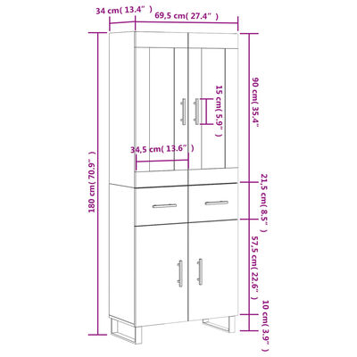 vidaXL højskab 69,5x34x180 cm konstrueret træ brun egetræsfarve