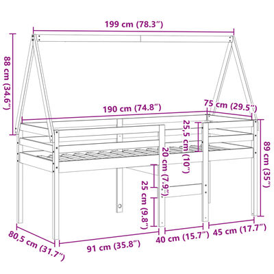 vidaXL højseng med tag 75x190 cm massivt fyrretræ