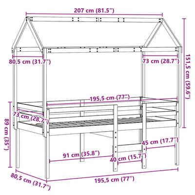 vidaXL højseng med tag 75x190 cm massivt fyrretræ