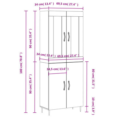 vidaXL højskab 69,5x34x180 cm konstrueret træ røget egetræsfarve