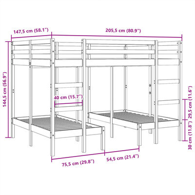 vidaXL tredobbelt køjeseng 140x200/70x140 cm massivt fyrretræ hvid