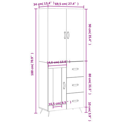 vidaXL højskab 69,5x34x180 cm konstrueret træ hvid højglans