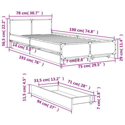 vidaXL sengeramme med skuffer 75x190 cm konstrueret træ sonoma-eg