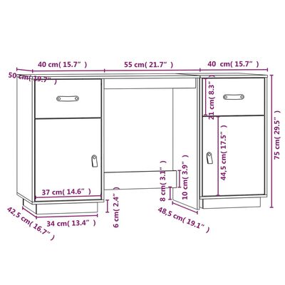 vidaXL skrivebord med skabe 135x50x75 cm massivt fyrretræ sort