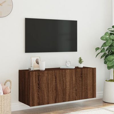 vidaXL væghængt tv-bord med LED-lys 100x35x41 cm brun egetræsfarve