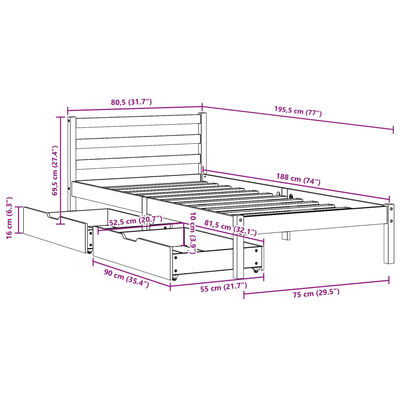 vidaXL sengeramme uden madras 75x190 cm massivt fyrretræ hvid