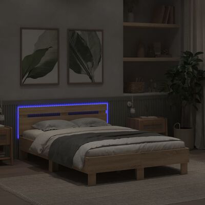 vidaXL sengeramme med sengegavl og LED-lys 135x190 cm sonoma-eg