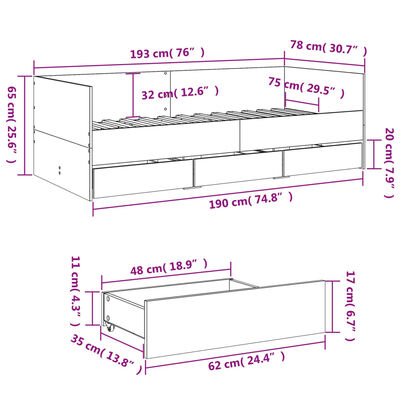 vidaXL daybed med skuffer uden madras 75x190 cm sonoma-eg