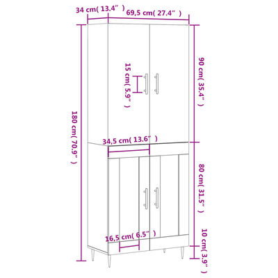 vidaXL højskab 69,5x34x180 cm konstrueret træ grå sonoma-eg