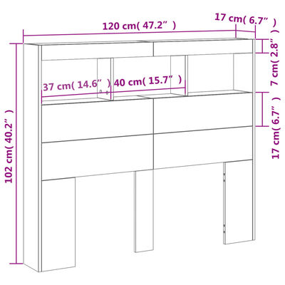 vidaXL sengegavl med opbevaring og LED-lys 120x17x102 cm brunt eg