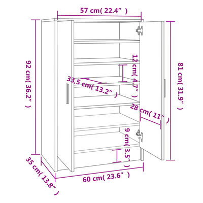 vidaXL skoskab 60x35x92 cm konstrueret træ brun egetræsfarve