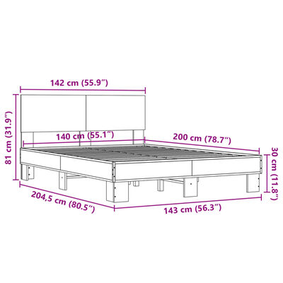 vidaXL sengestel 140x200 cm konstrueret træ og metal sonoma-eg