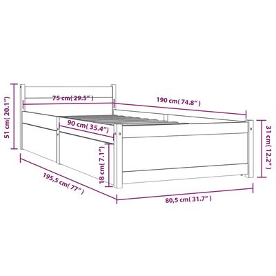 vidaXL sengeramme med skuffer 75x190 cm Small Single hvid