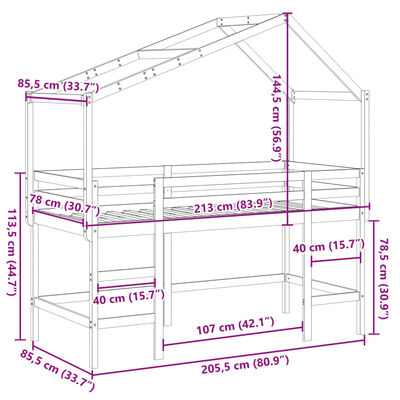 vidaXL højseng med stige og tag 80x200 cm massivt fyrretræ hvid