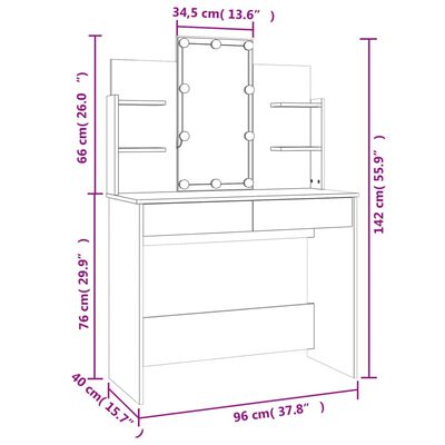 vidaXL makeupbordssæt med LED-lys konstrueret træ røget egetræsfarve