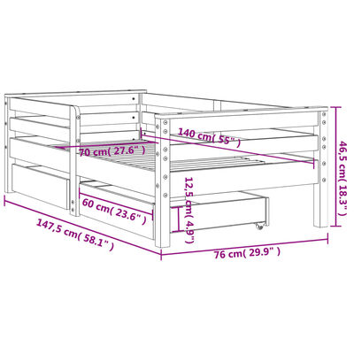 vidaXL sengeramme til juniorseng m. skuffer 70x140 cm massivt fyr sort