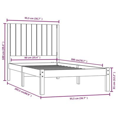 vidaXL sengeramme 90x200 cm massivt fyrretræ grå