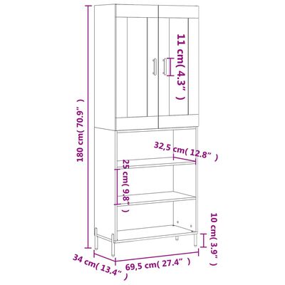 vidaXL højskab 69,5x34x180 cm konstrueret træ betongrå