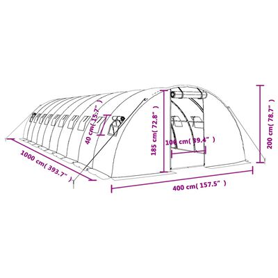 vidaXL drivhus med stålstel 40 m² 10x4x2 m hvid