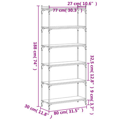 vidaXL bogreol 6 hylder 80x30x188 cm konstrueret træ røget eg