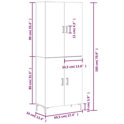 vidaXL højskab 69,5x34x180 cm konstrueret træ grå sonoma-eg