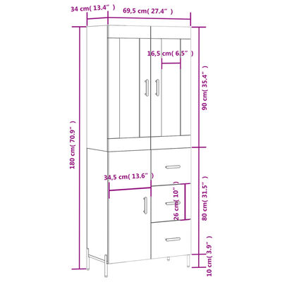 vidaXL højskab 69,5x34x180 cm konstrueret træ brun egetræsfarve