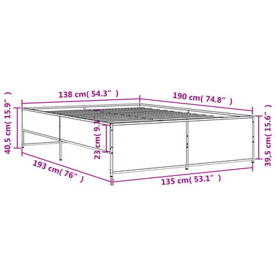 vidaXL sengestel 135x190 cm konstrueret træ og metal brun egetræsfarve