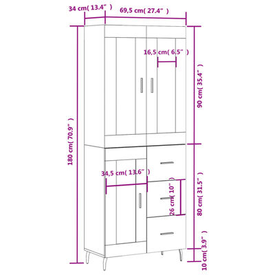 vidaXL højskab 69,5x34x180 cm konstrueret træ brun egetræsfarve